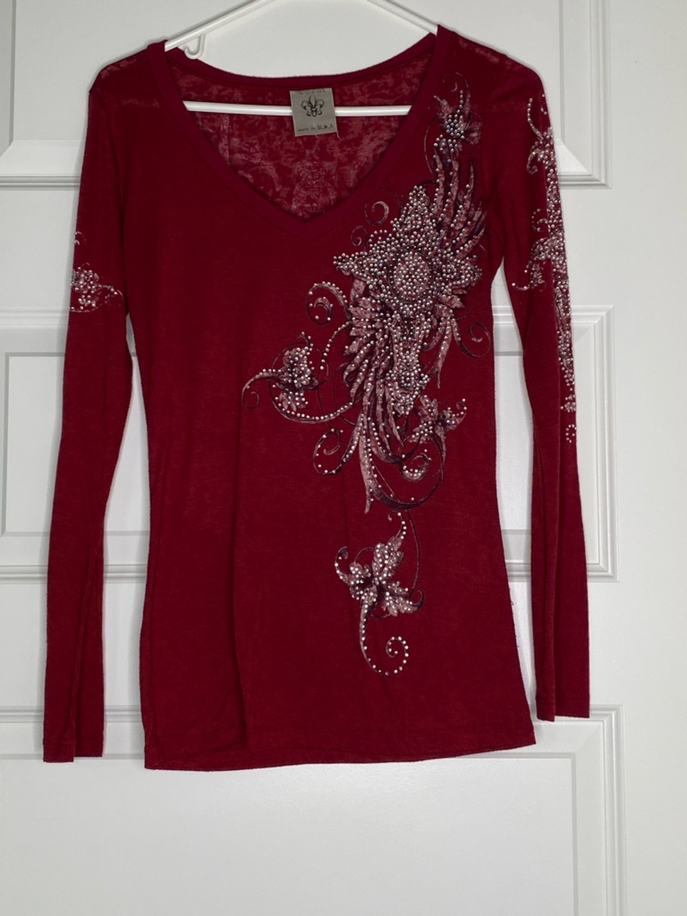 Y2K Embellished V-Neck Long Sleeve Top - Red - Picture 1 of 4